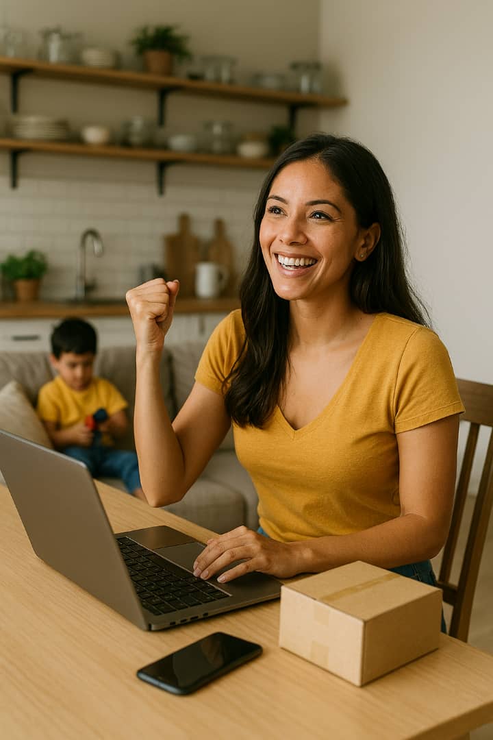 Mujer celebrando el éxito en su negocio desde casa