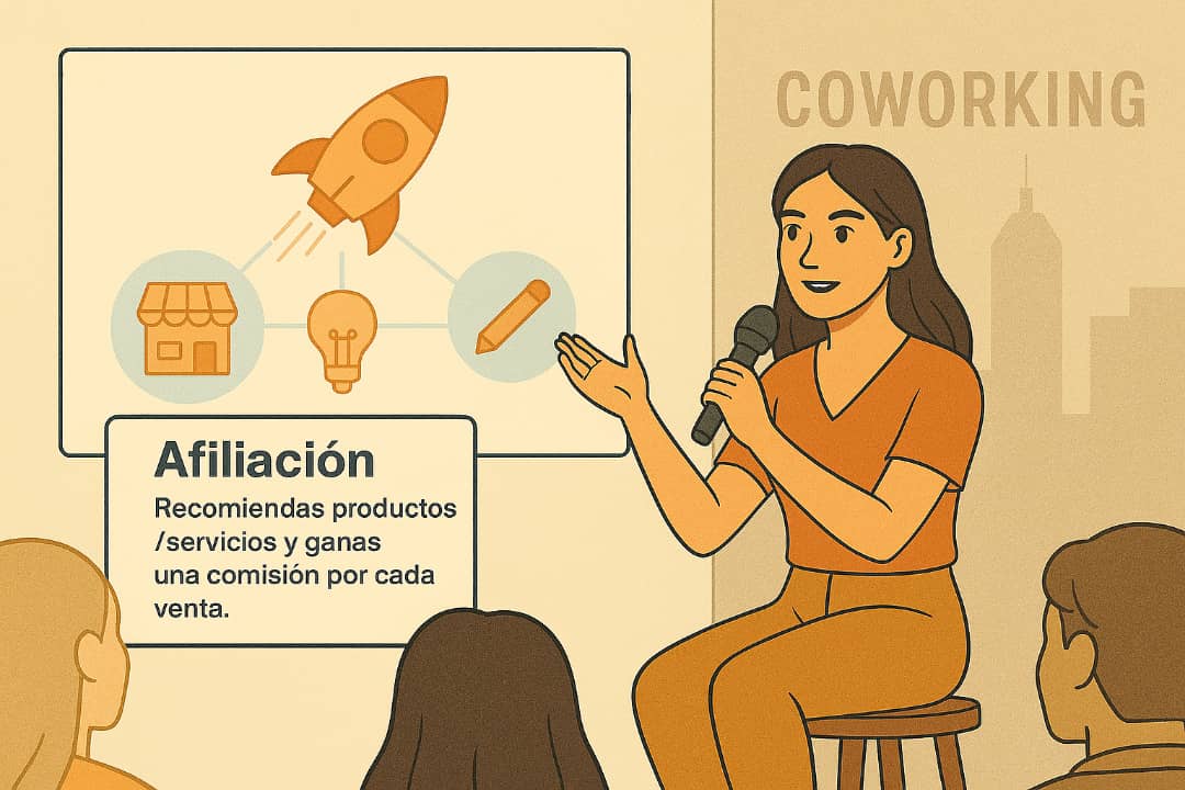 Mujer presentando un modelo de negocio de afiliación